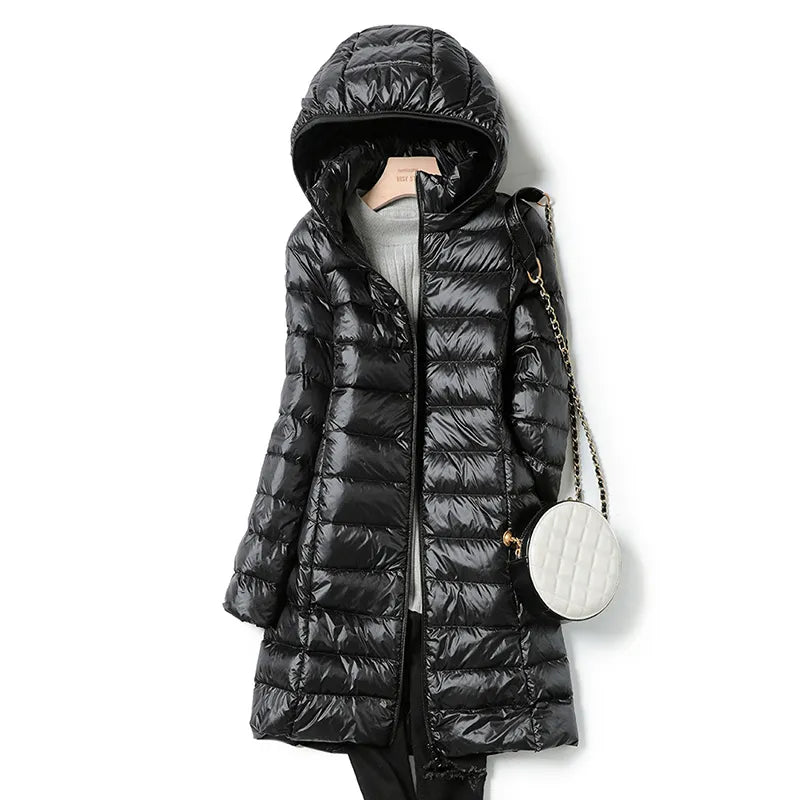 2023 Winter Womens Korean Fashion Slim Remove Hooded Parka Fashionable Outerwear Down Jackets Long Light Thin Coat Puffer Jacket