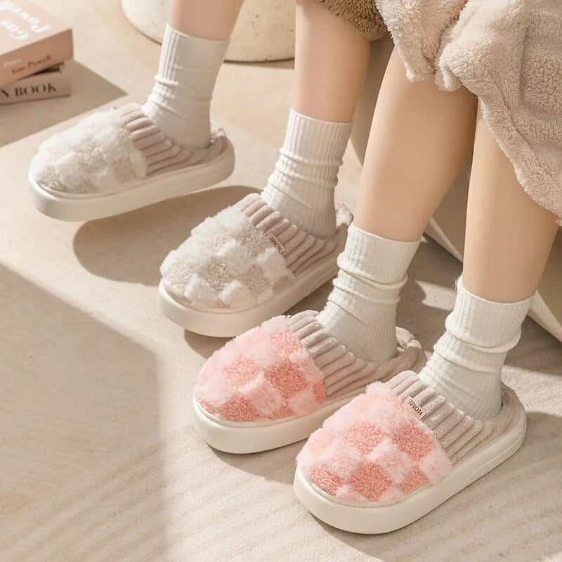 Winter Toe Wrap Warm Plaid Cotton Slippers