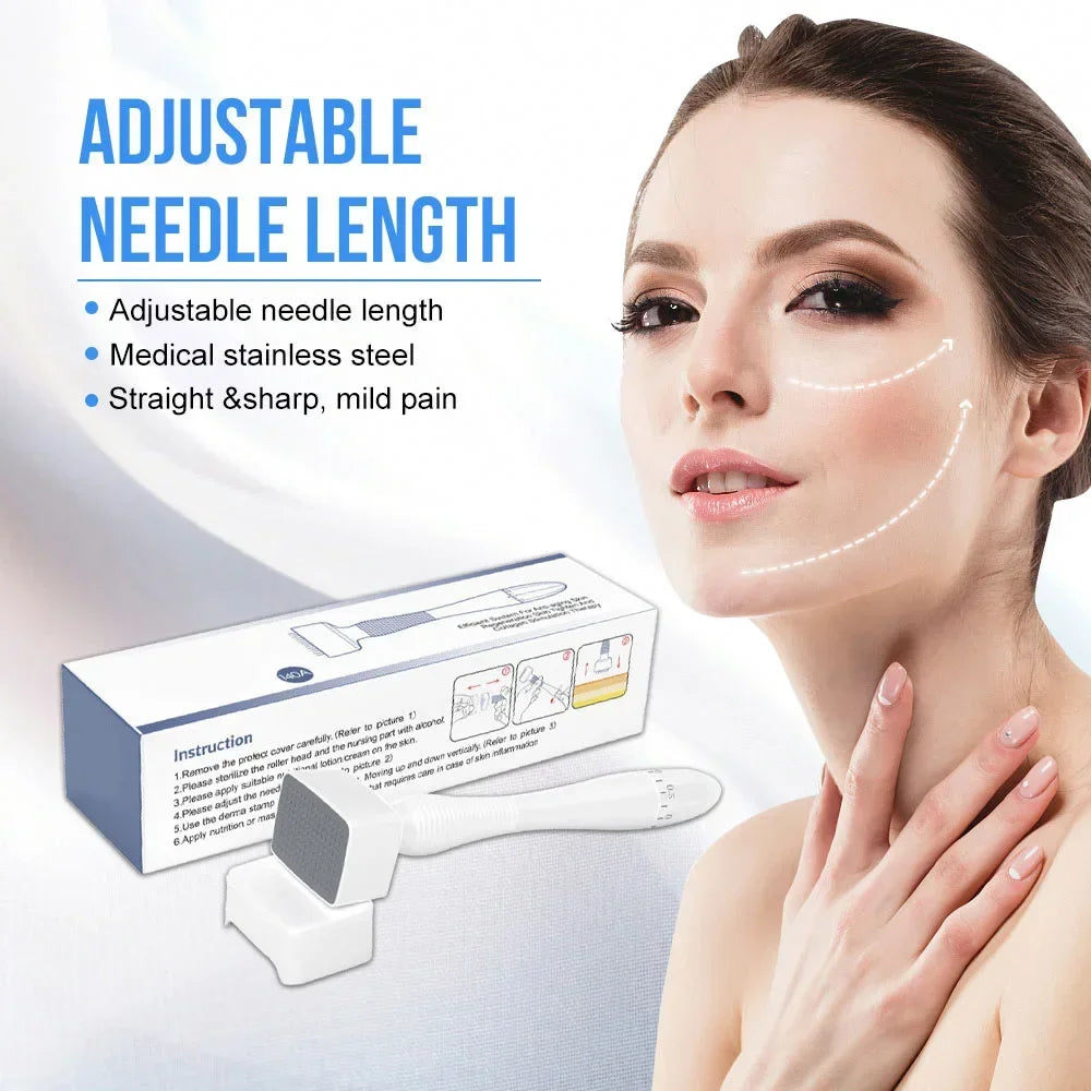140A Derma Stamp Microneedling Face Roller Massager Adjustable Titanium Needle Length Skincare Beard Growth Scalp Hair