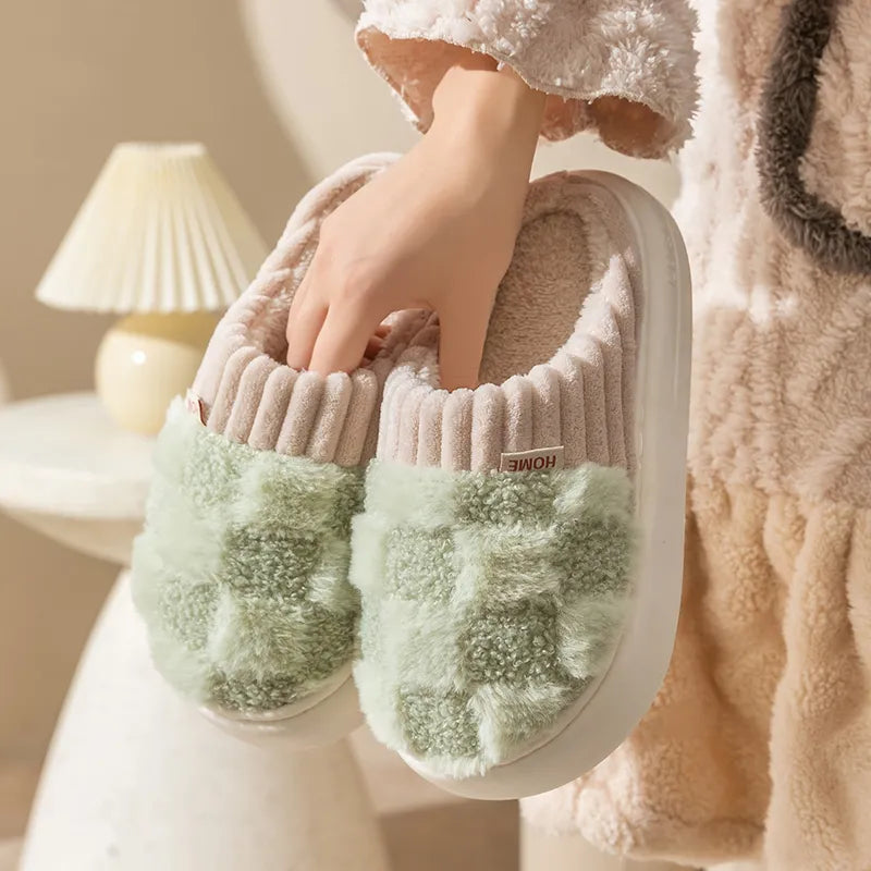 Winter Toe Wrap Warm Plaid Cotton Slippers