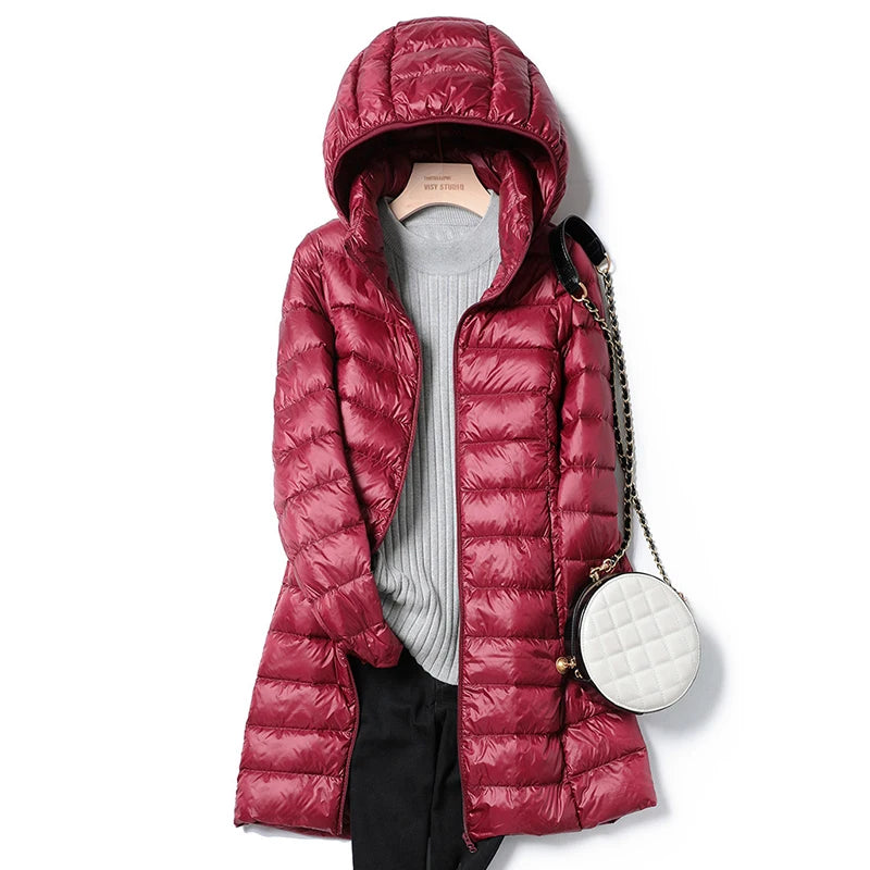 2023 Winter Womens Korean Fashion Slim Remove Hooded Parka Fashionable Outerwear Down Jackets Long Light Thin Coat Puffer Jacket